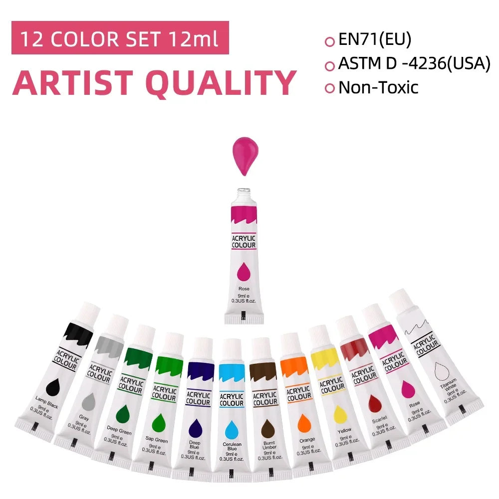 12 Color Acrylic Paint Set — Vibrant Waterproof Art Supplies for Canvas and Wood