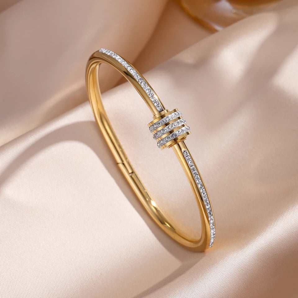 Sparkling Zirconia Stainless Steel Bracelet Set — Stackable Cuff Bangles for Women