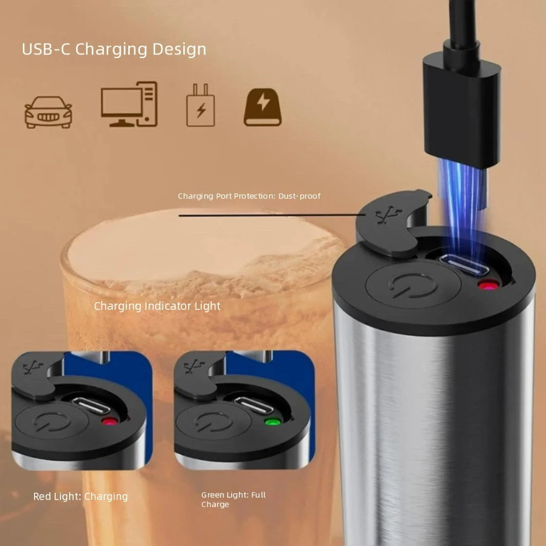 Rechargeable Stainless Steel Milk Frother — 2 Speed Settings for Lattes & Espresso