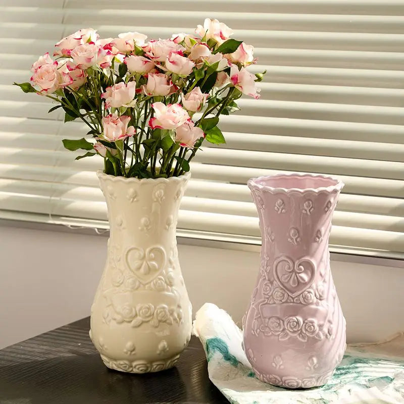 Retro Rose Relief Decorative Vase — European Style Imitation Ceramic Desktop Ornament