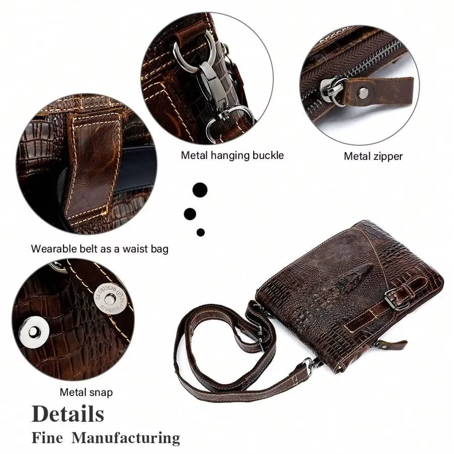 Men's Genuine Cowhide Shoulder Bag — Crocodile Embossed Crossbody Purse