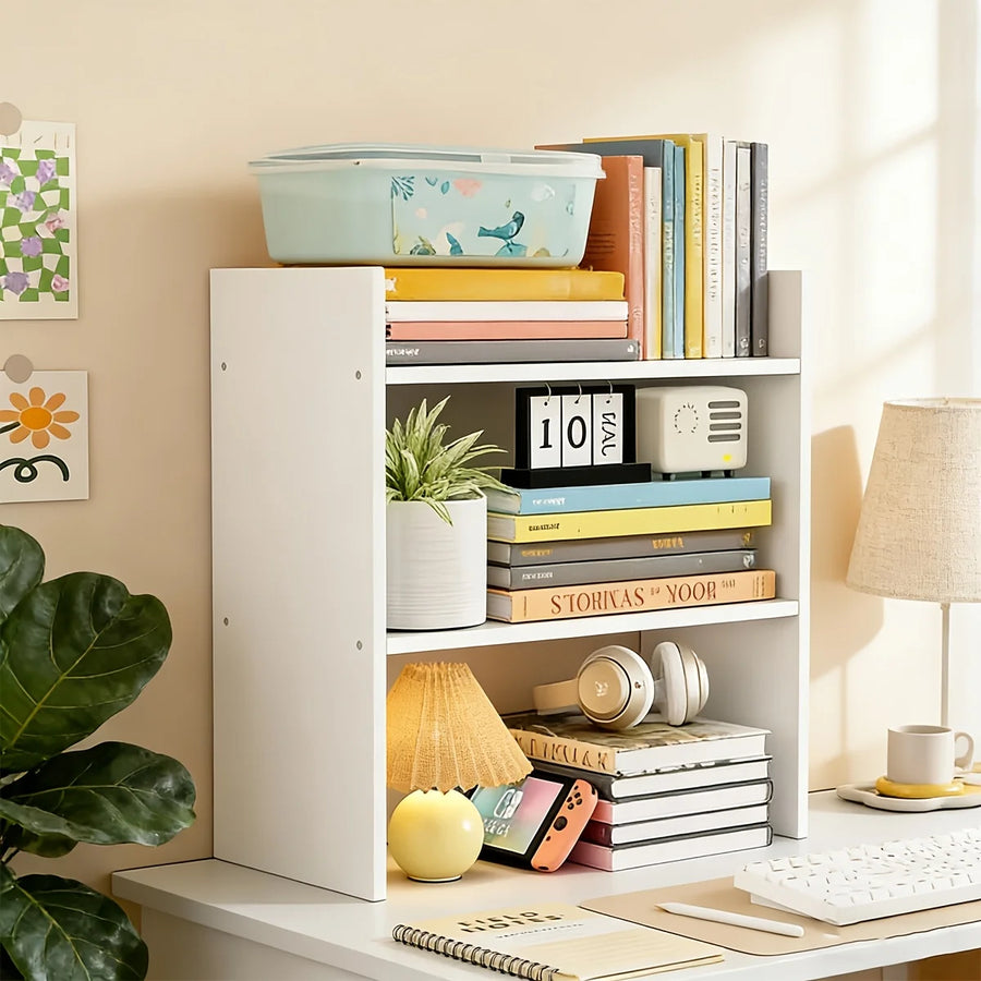 3-Tier Desktop Bookshelf Organizer — White Wooden Tabletop Storage Shelf