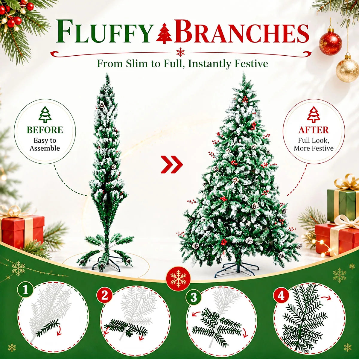 Snow Flocked Artificial Christmas Tree — Realistic Pine Cones & Red Berries