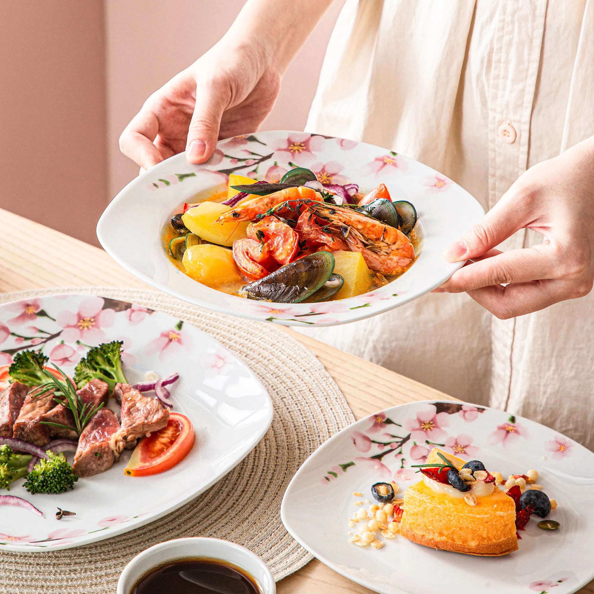 MALACASA Pink Floral Porcelain Dinnerware Set — 60-Piece Elegant Dining Collection