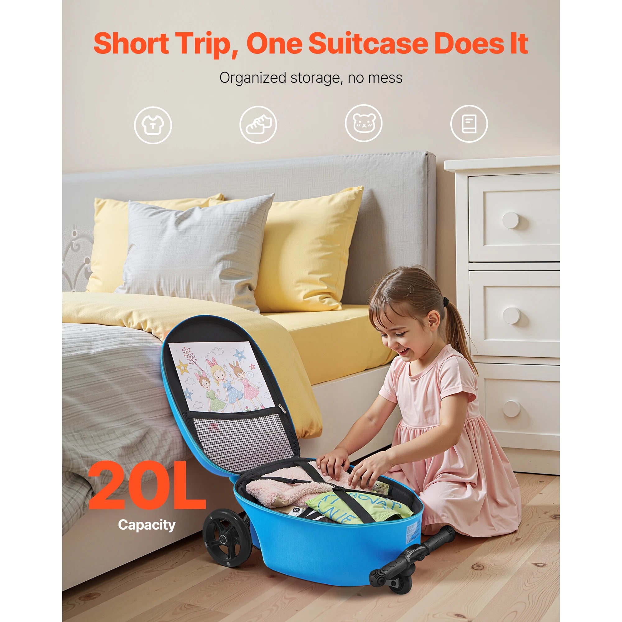 SucceBuy Kids Ride-On Luggage — 20L Scooter Suitcase with Flash Wheels