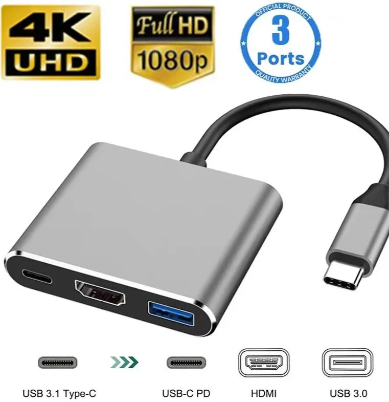 3-in-1 USB-C Multiport Hub — High Speed Data & 4K HDMI Connectivity
