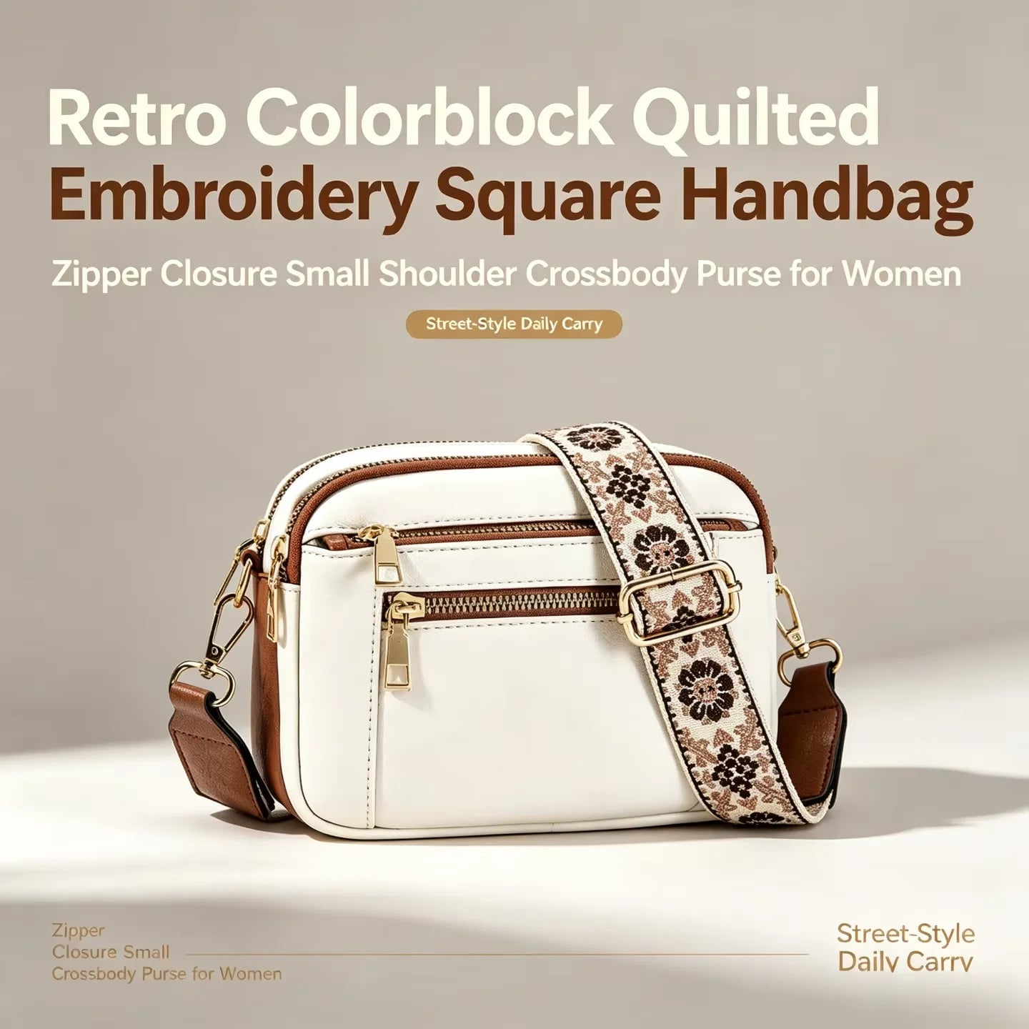 Retro Color-Block Square Handbag — Quilted Embroidery Crossbody Purse