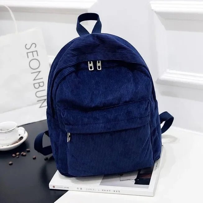 Corduroy Zipper Backpack — Versatile Collegiate Style for Women
