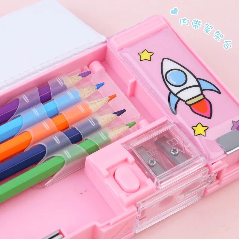 Pink Double Sided Pencil Case — Stationery Box with Built-in Sharpener
