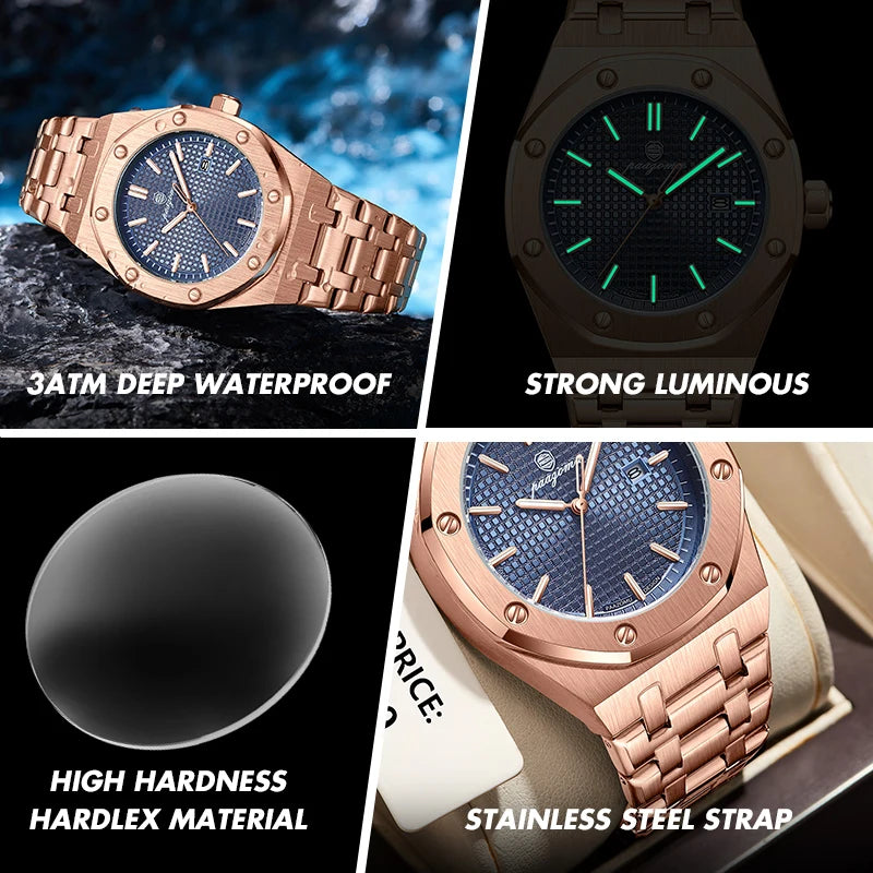 PAAZOMU Men's Business Wristwatch — Stainless Steel Quartz Watch with Luminous Date