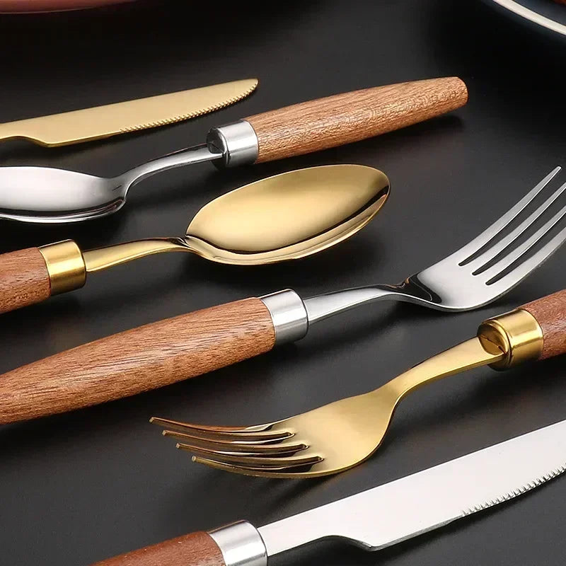 4-Piece Sapele Wood Handle Cutlery Set — Stainless Steel Knife Fork & Spoon