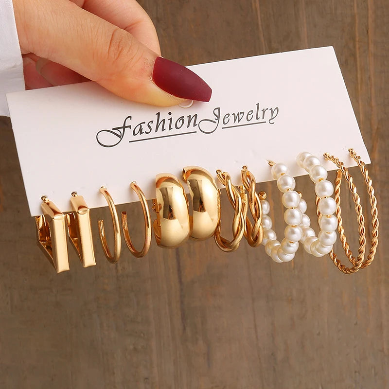 Vintage Geometric Pearl Earrings Set — Gold Tone Dangle & Stud Jewelry
