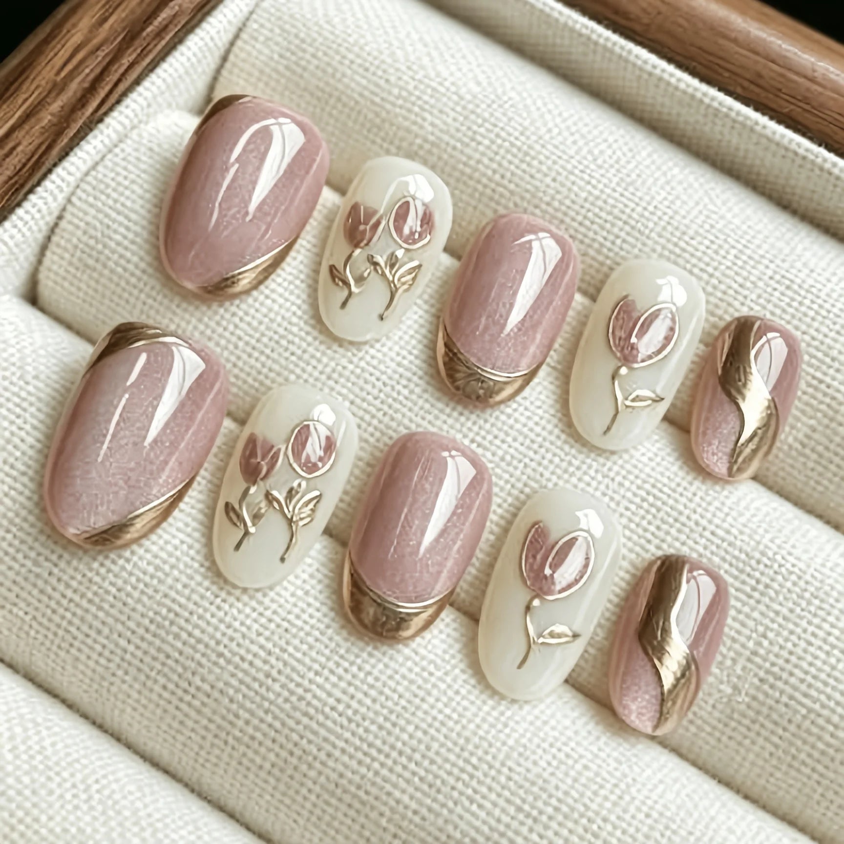 Handmade Press-On Nails — Pink and White Floral Design with Pearl Accents