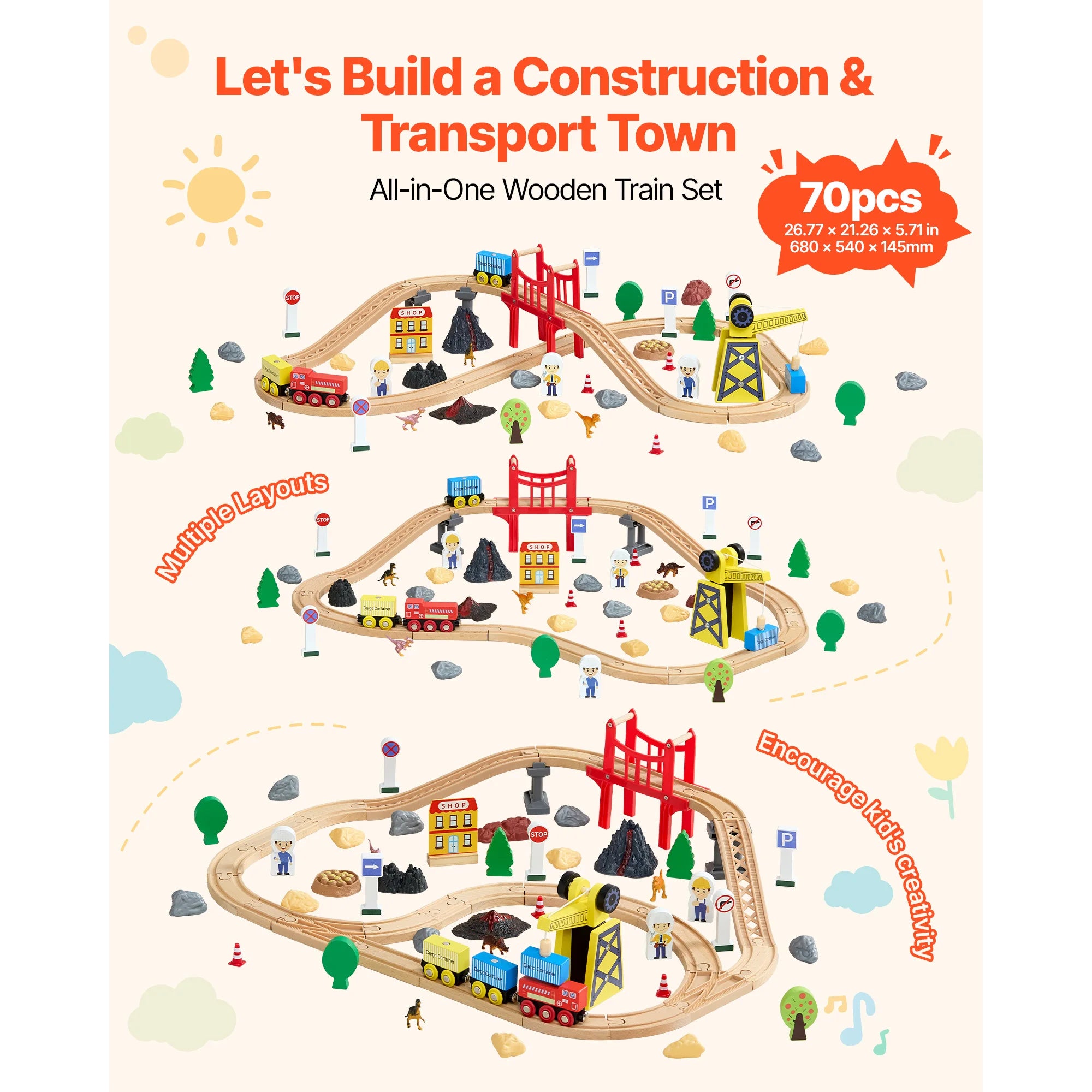 SucceBuy 70PCS Wooden Train Set — Magnetic Crane & Construction Railway Kit