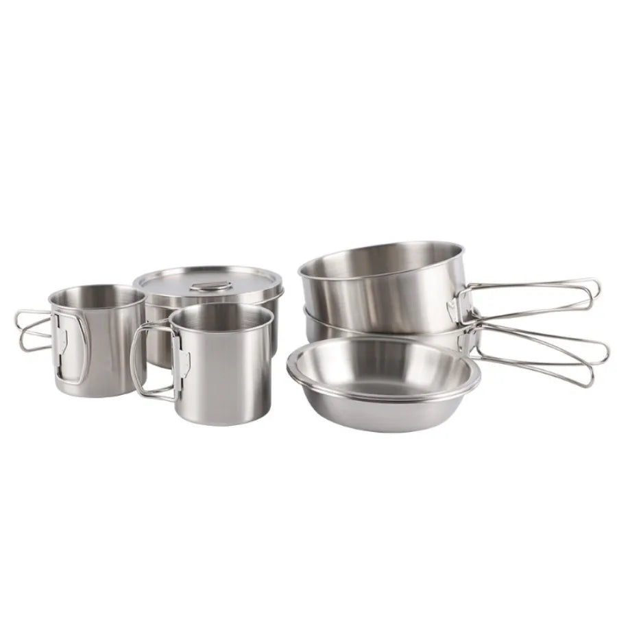 8-Piece Stainless Steel Camping Cookware Set — Portable Foldable Pot & Kettle