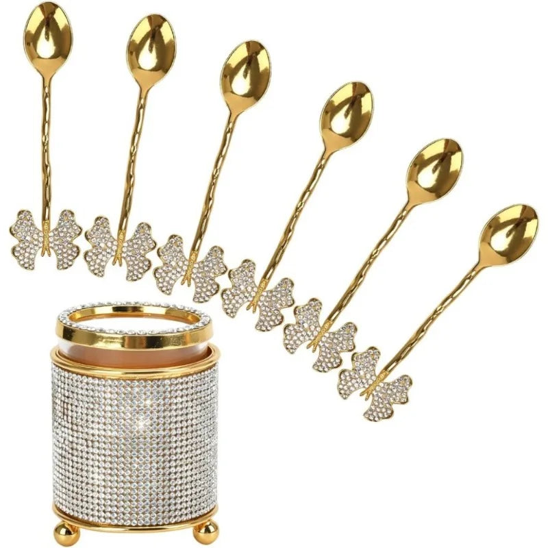 Luxury Gold Coffee Spoon Set — 6 Piece Espresso Stirring Spoons with Decorative Holder