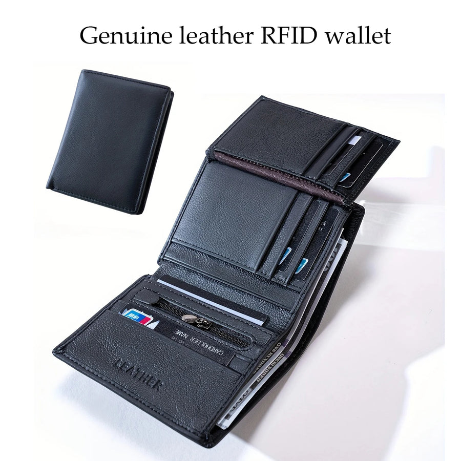 Men's Genuine Cow Leather Wallet — Vertical RFID Anti-Theft Business Purse
