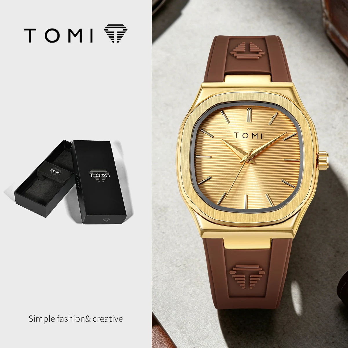 TOMI Men's Quartz Watch — Luxury Square Dial with Rubber Strap