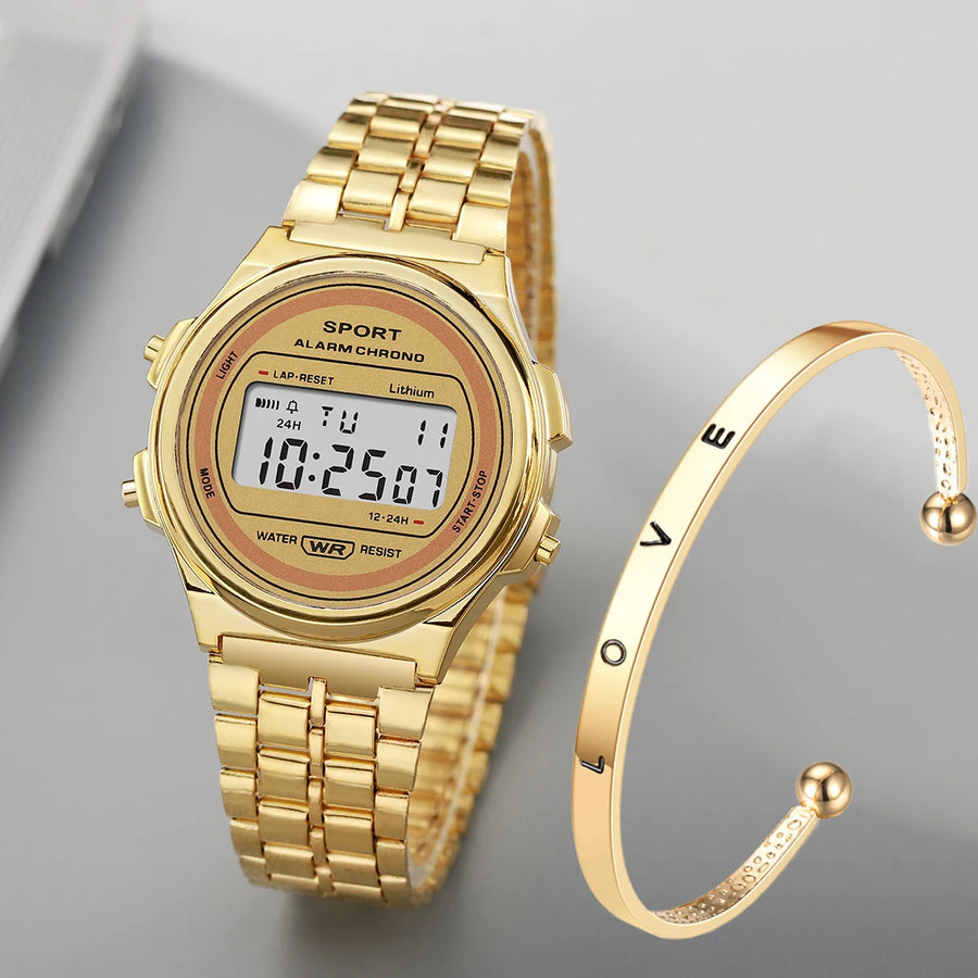 YIKAZE Women's LED Digital Watch — Retro Stainless Steel Luxury Wristwatch