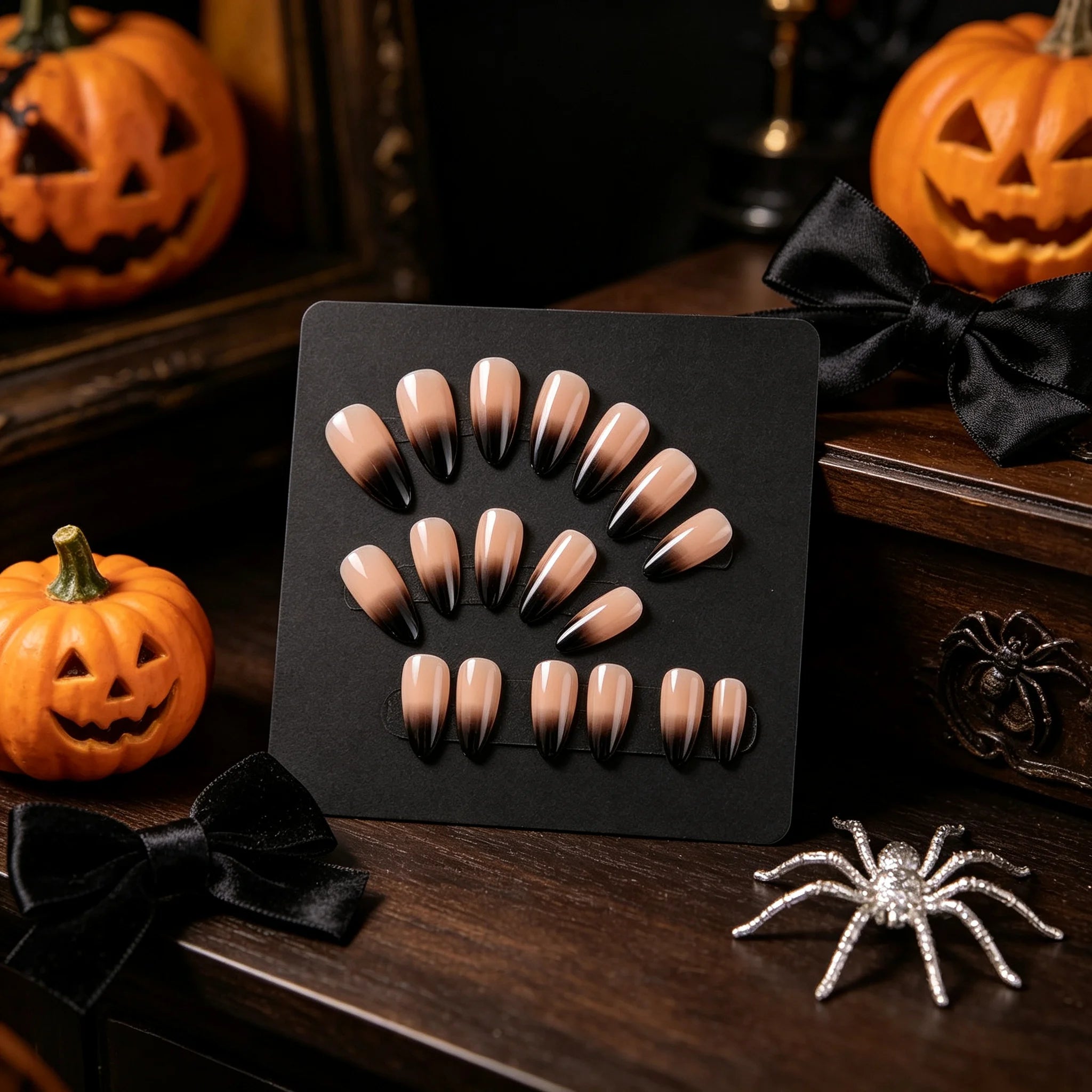 Short Almond Black French Gradient Press-On Nails — Reusable Halloween Party Set