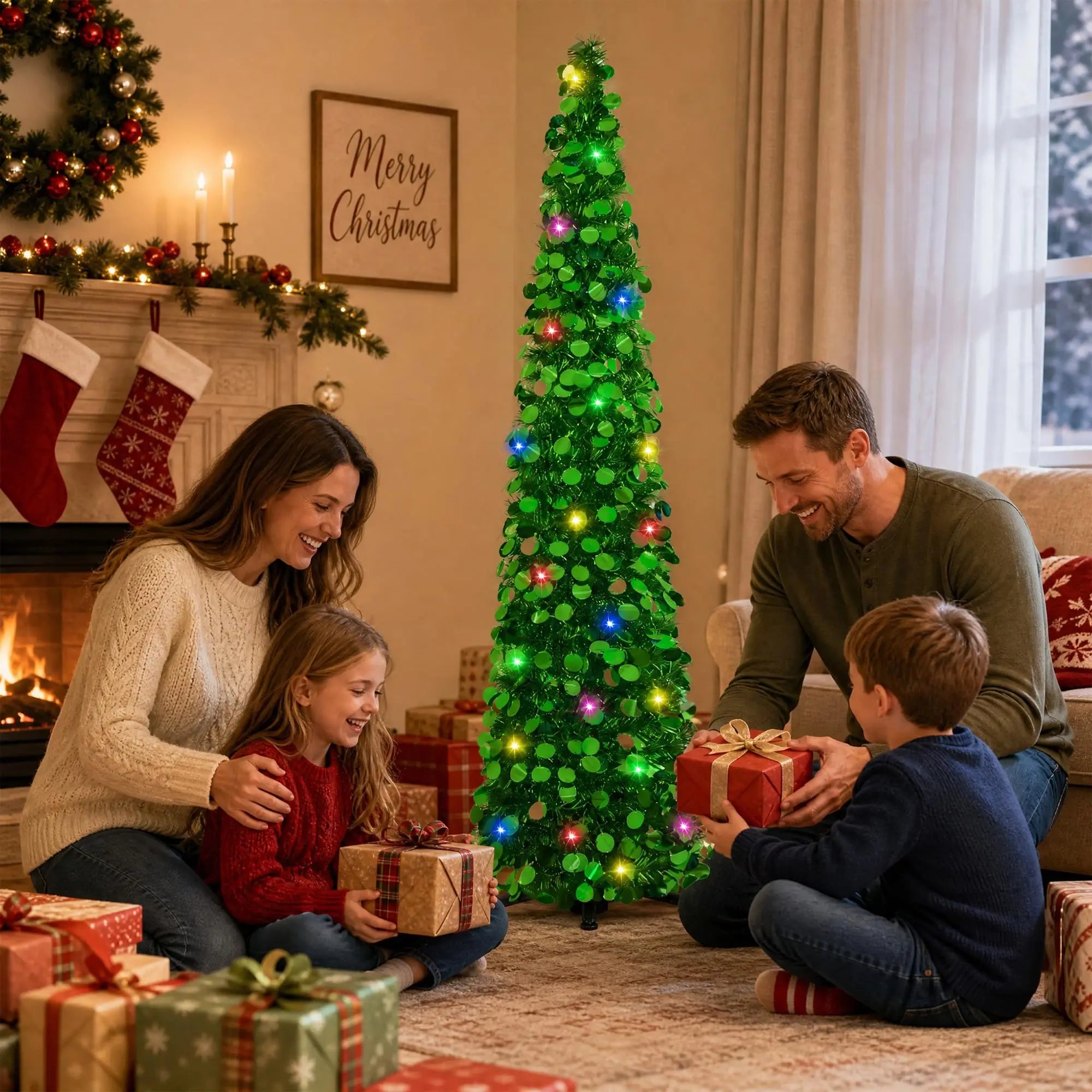 HiMISS 5ft Pre-Lit Pop Up Christmas Tree — Slim Tinsel Pencil Design