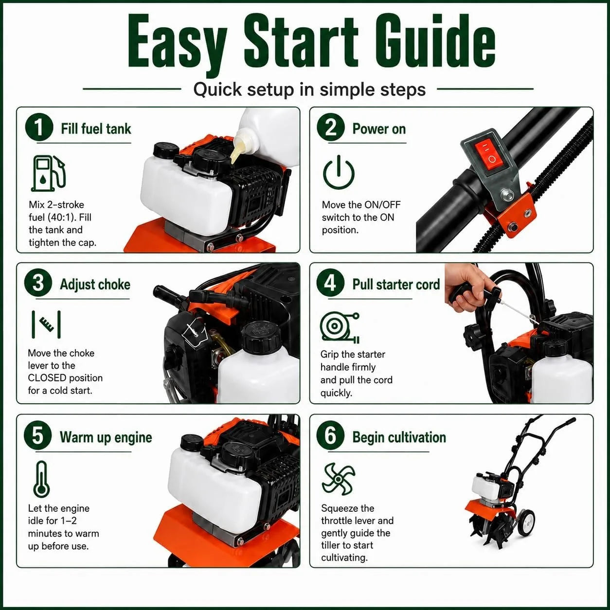 Gas Powered Garden Tiller — 52CC 2-Stroke Engine Soil Cultivator