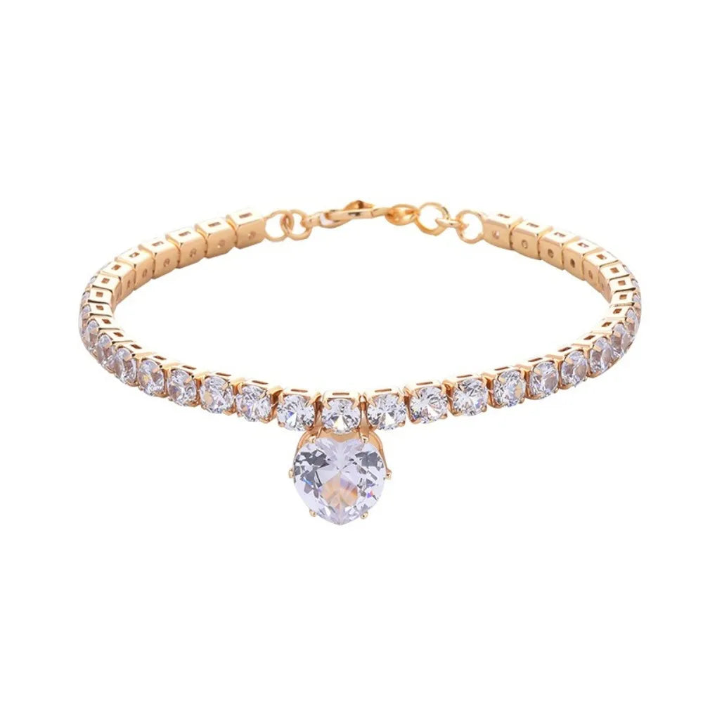 Sparkling Rhinestone Tennis Chain Cat Collar — Elegant Crystal Heart Pendant
