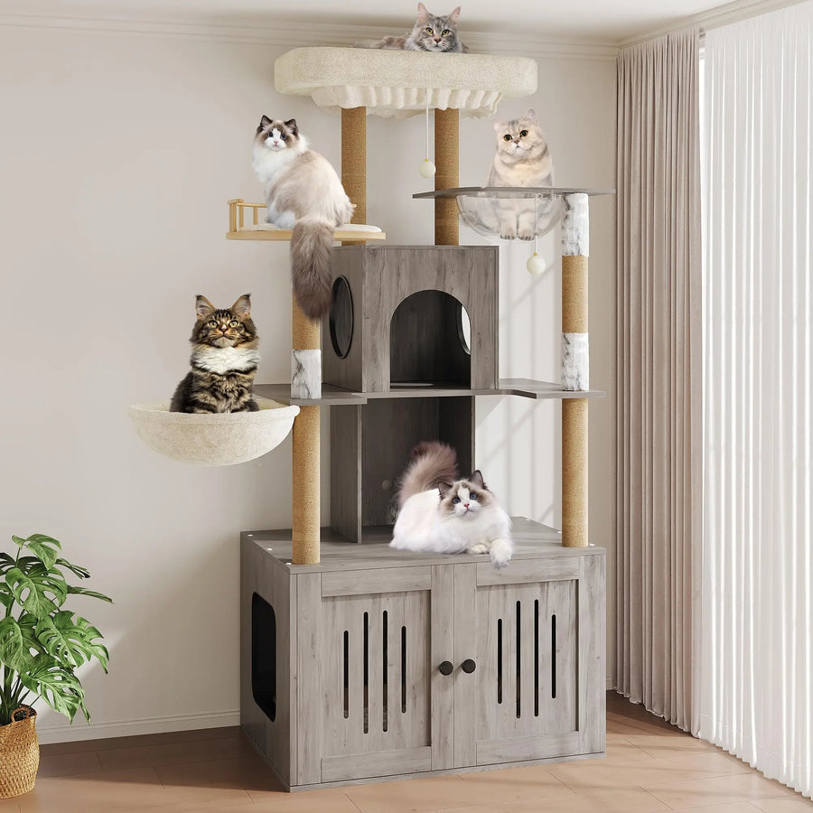 HOSSLLY Multi-Level Cat Tree — Hidden Litter Box & Sisal Scratching Posts