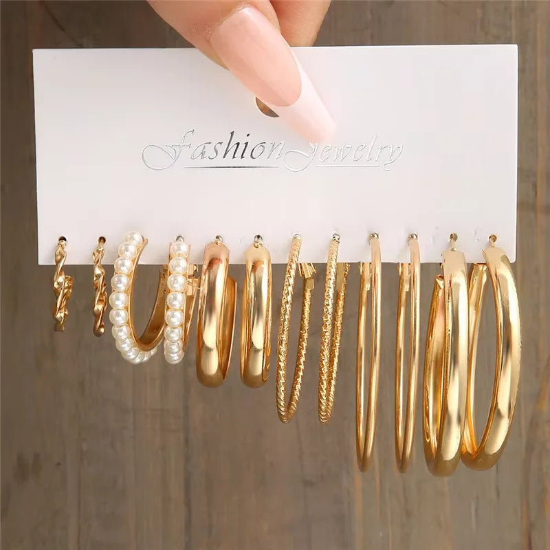 AY Geometric Hoop Earrings Set — Vintage Bohemian Pearl Drop Jewelry