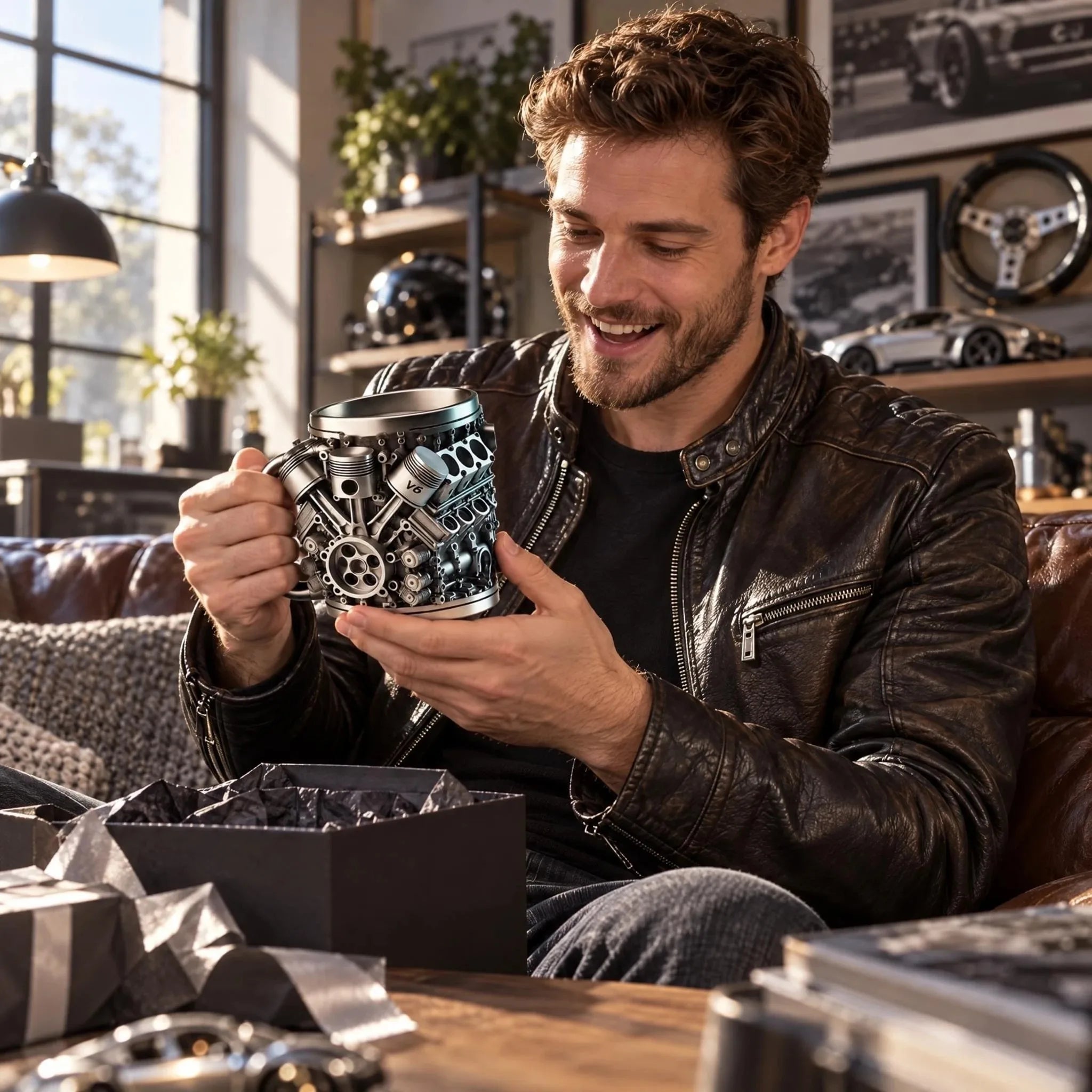 V6 Engine Stainless Steel Coffee Mug — 3D Mechanical Car Design