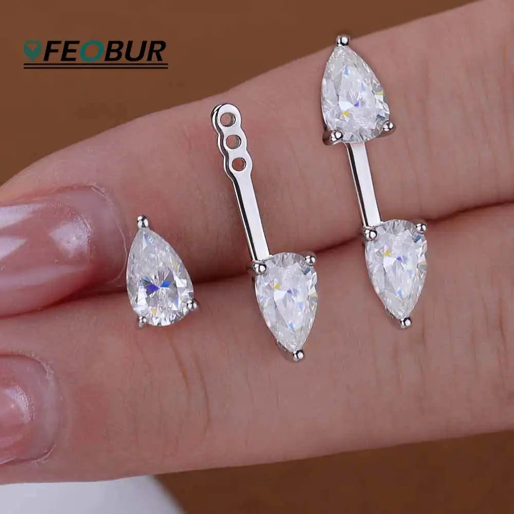 FEOBUR Moissanite Pear Cut Ear Jackets — 925 Sterling Silver Waterdrop Studs
