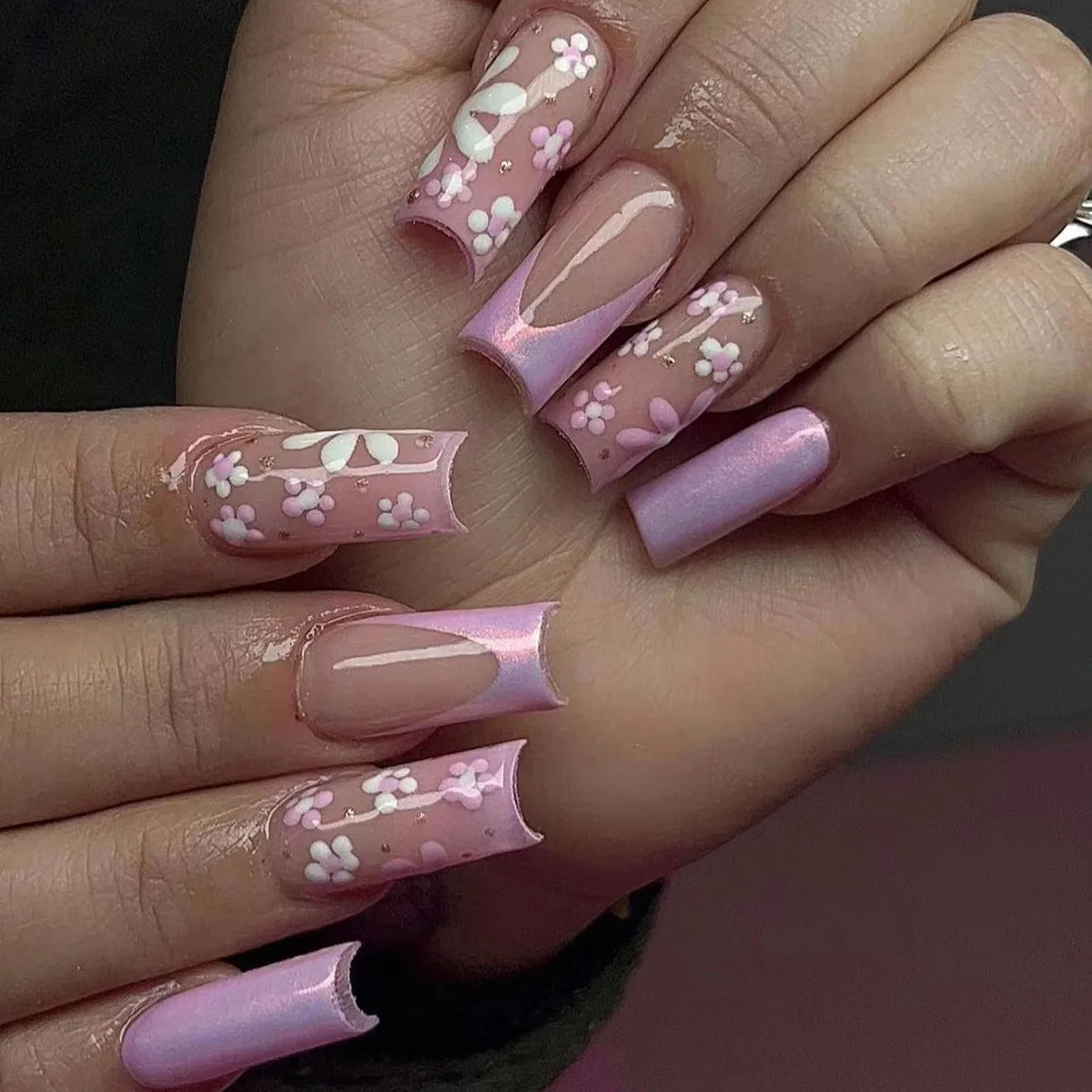 Pink Floral Press-On Nails — Short Almond French Tip Fake Nail Set