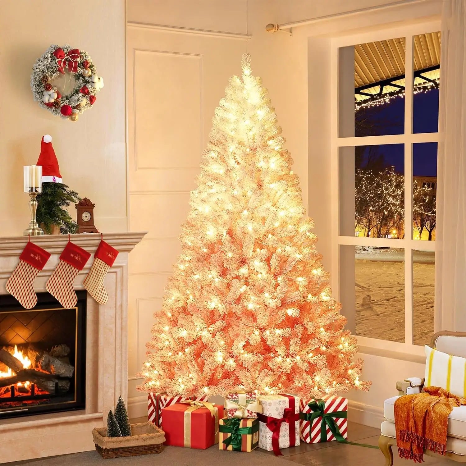 Snow Flocked Artificial Christmas Tree — Pre-Lit LED Slim Pine Tree