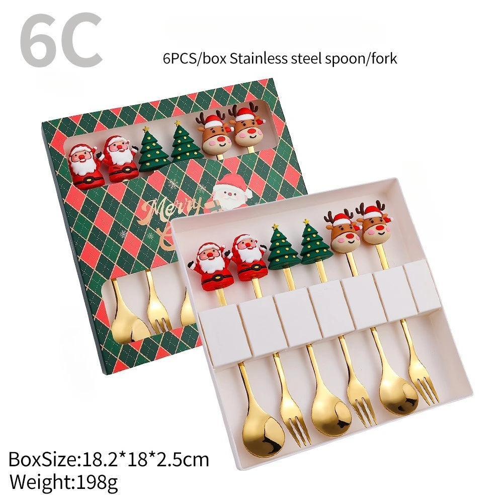 Christmas Themed Stainless Steel Cutlery Set — Decorative Santa Spoon and Fork
