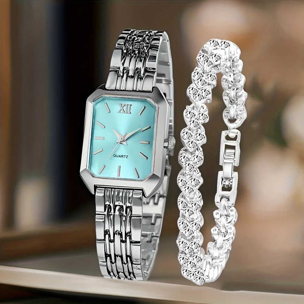 Women's Quartz Watch and Rhinestone Bracelet Set — Elegant Roman Dial Jewelry Kit