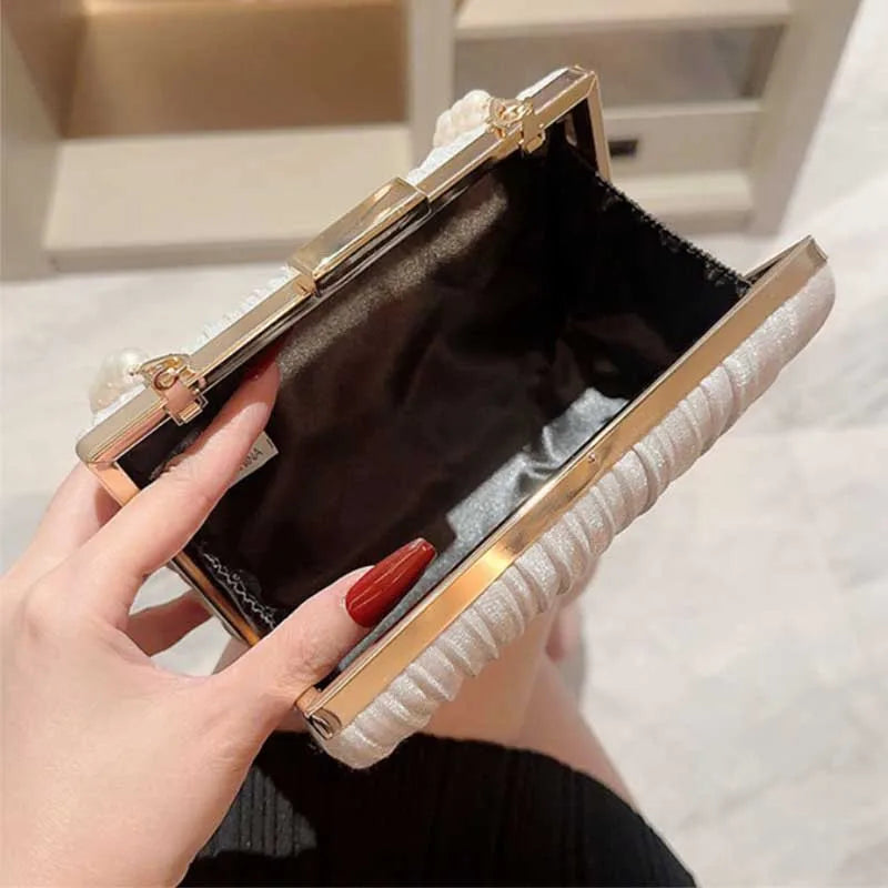 YIYUEQIANLI Silk Evening Bag — Elegant Pearl Chain Clutch for Weddings