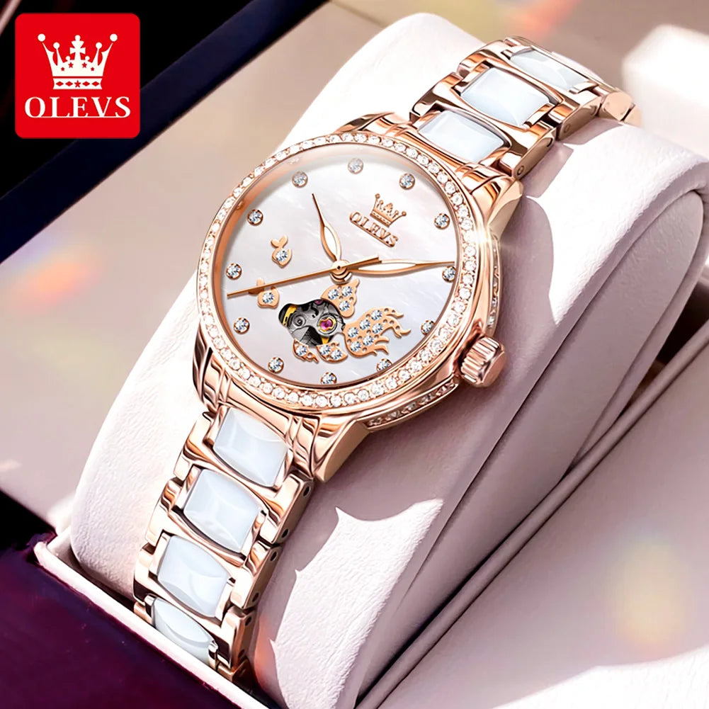 OLEVS 7001 Automatic Ladies' Watch — Elegant Ceramic Strap & Diamond Dial