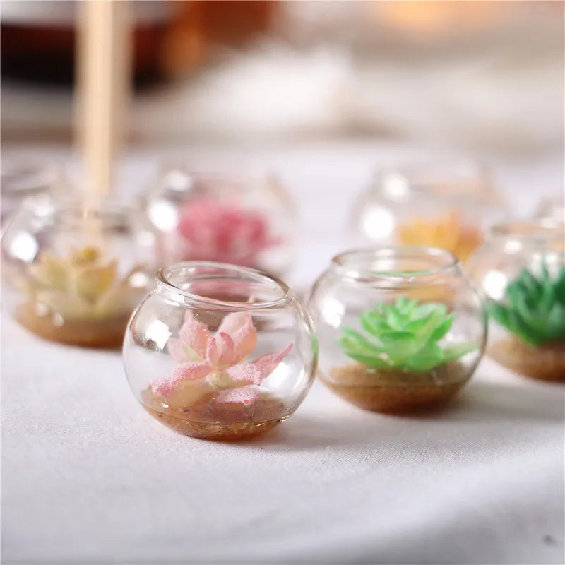 Miniature Potted Succulent Glass Vase — 1:12 Scale Dollhouse Decor