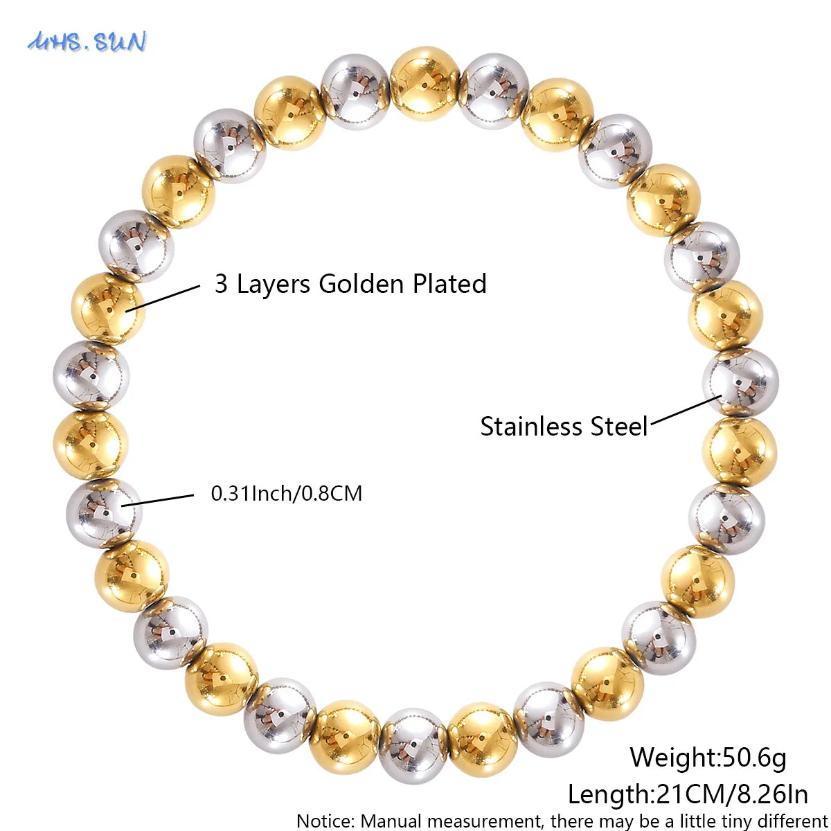 MHS.SUN Stainless Steel Beaded Bracelet — Gold Plated Stackable Jewelry