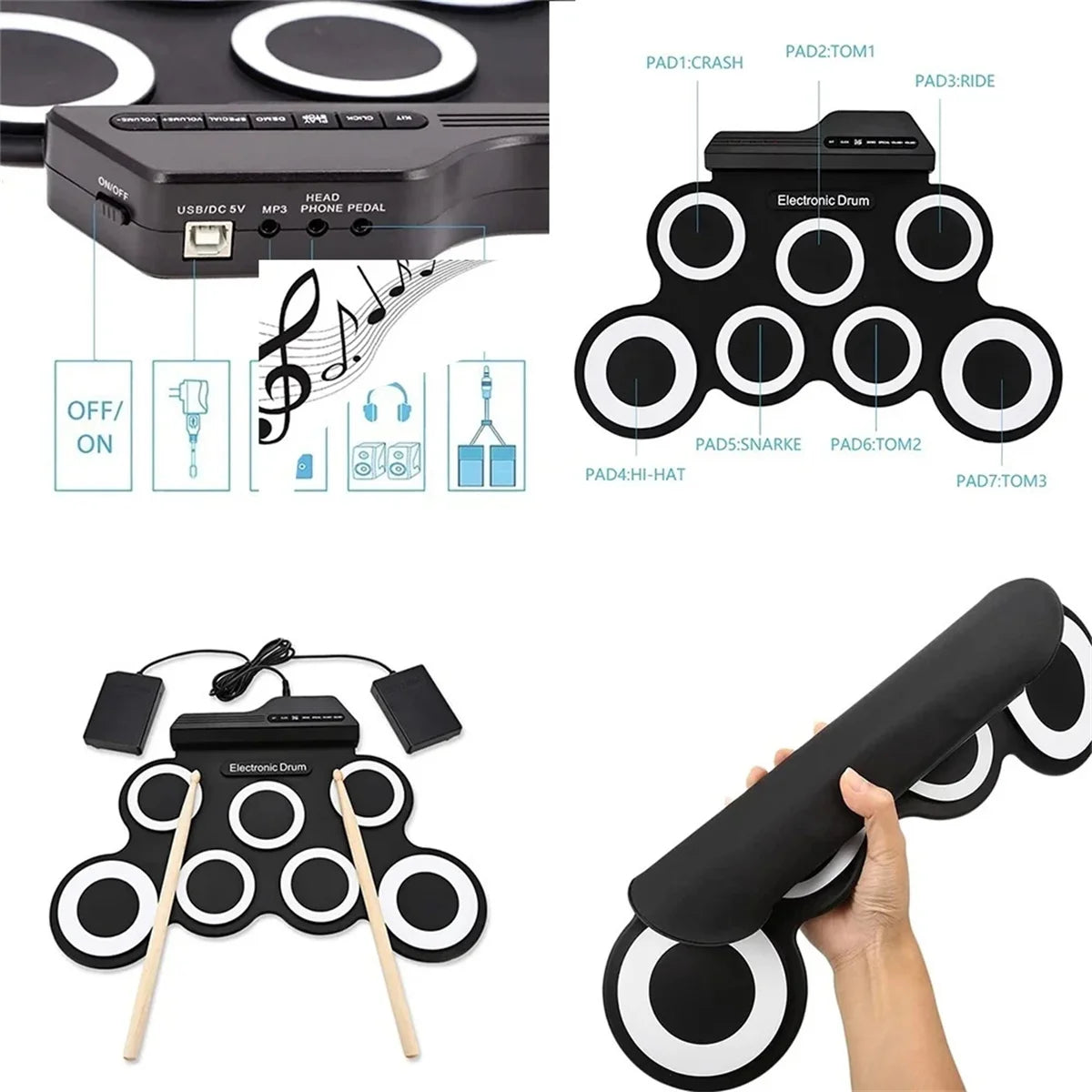 Miwayer Portable Electronic Drum Pad — Foldable Silicone Practice Kit