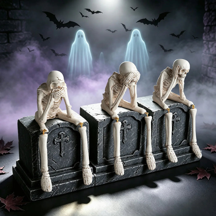 Skeleton Resin Statue — See Speak Hear No Evil Spooky Skull Decor