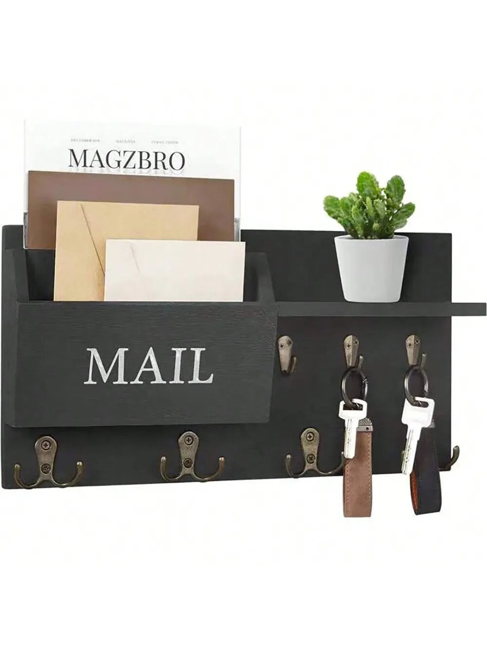Wall Mount Key Holder & Mail Organizer — Multi-Function Entryway Shelf