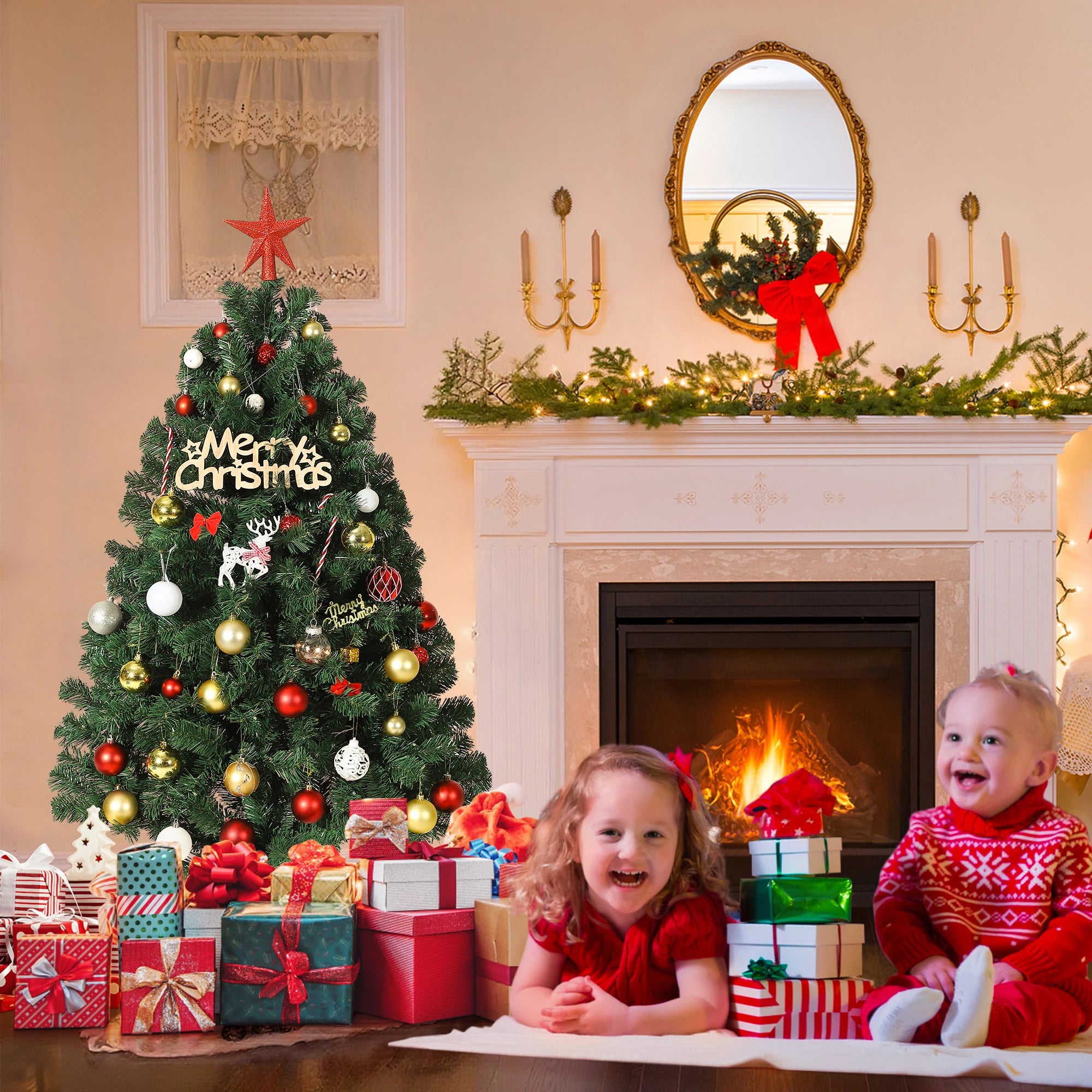GAOMON 6ft Fraser Fir Artificial Christmas Tree — Prelit with 300 Multicolor LEDs