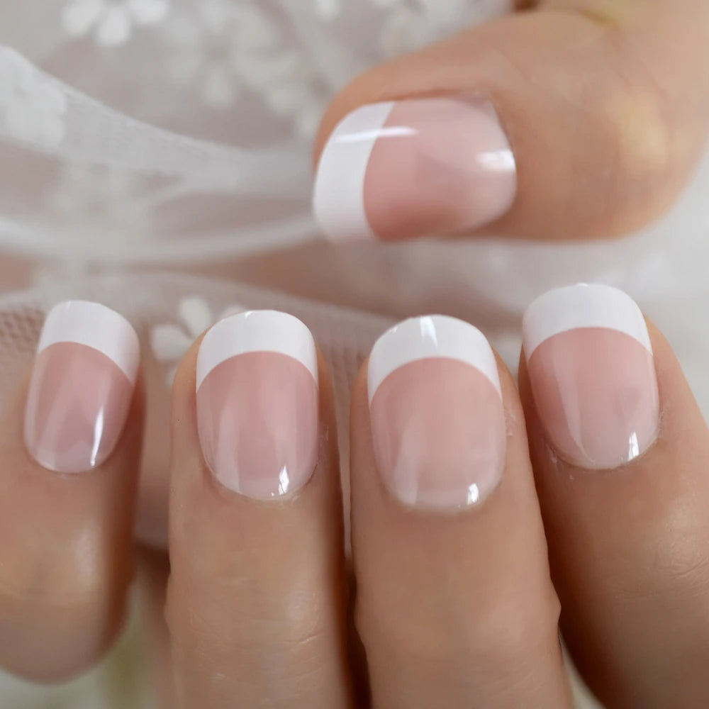 French Style Press On Nails — Glossy Nude White Tip Manicure Set