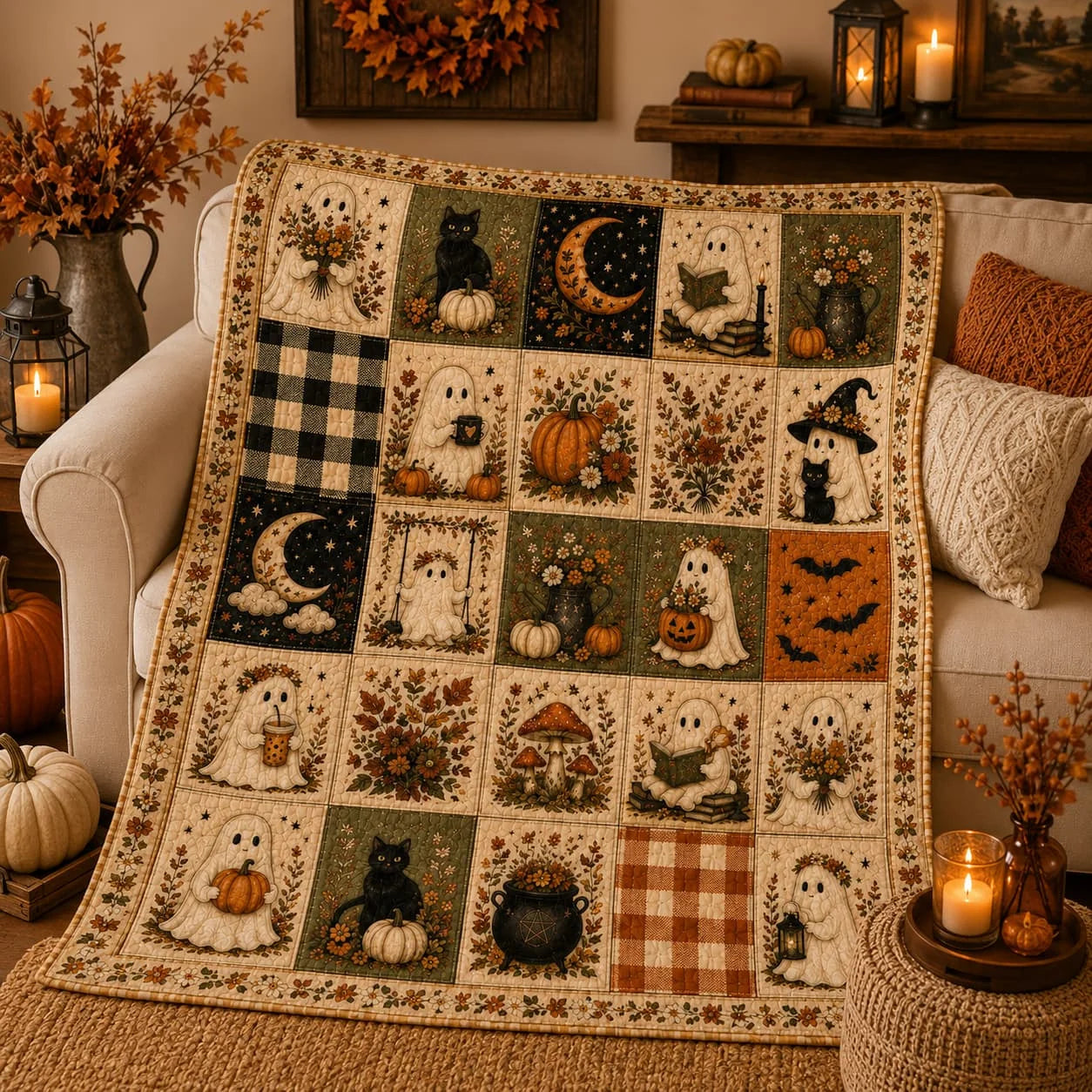 Halloween Ghost and Pumpkin Throw Blanket — Cozy Spooky Season Bedding