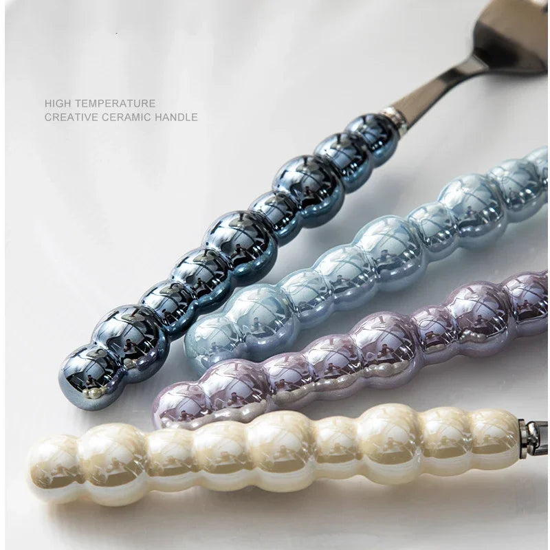 Luxury Ceramic Pearl Handle Cutlery Set — Stainless Steel Spoon and Fork Set