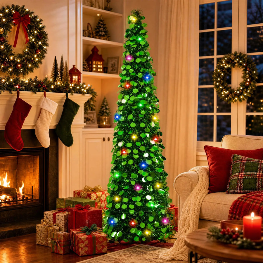 HiMISS 5ft Pre-Lit Pop Up Christmas Tree — Slim Tinsel Pencil Design
