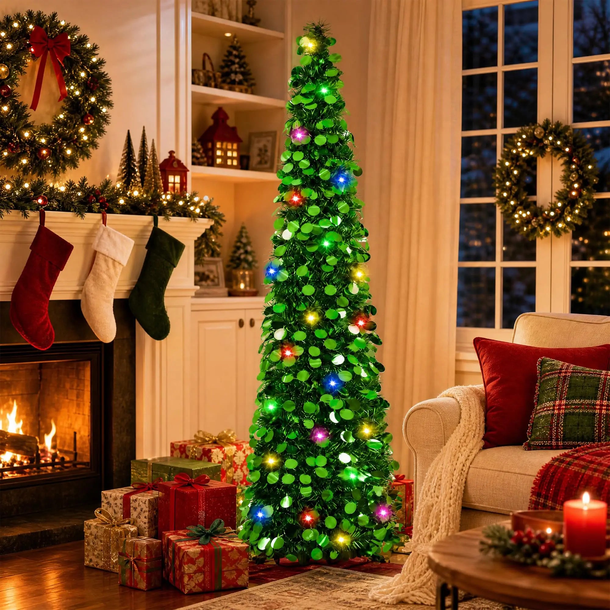 HiMISS 5ft Pre-Lit Pop Up Christmas Tree — Slim Tinsel Pencil Design