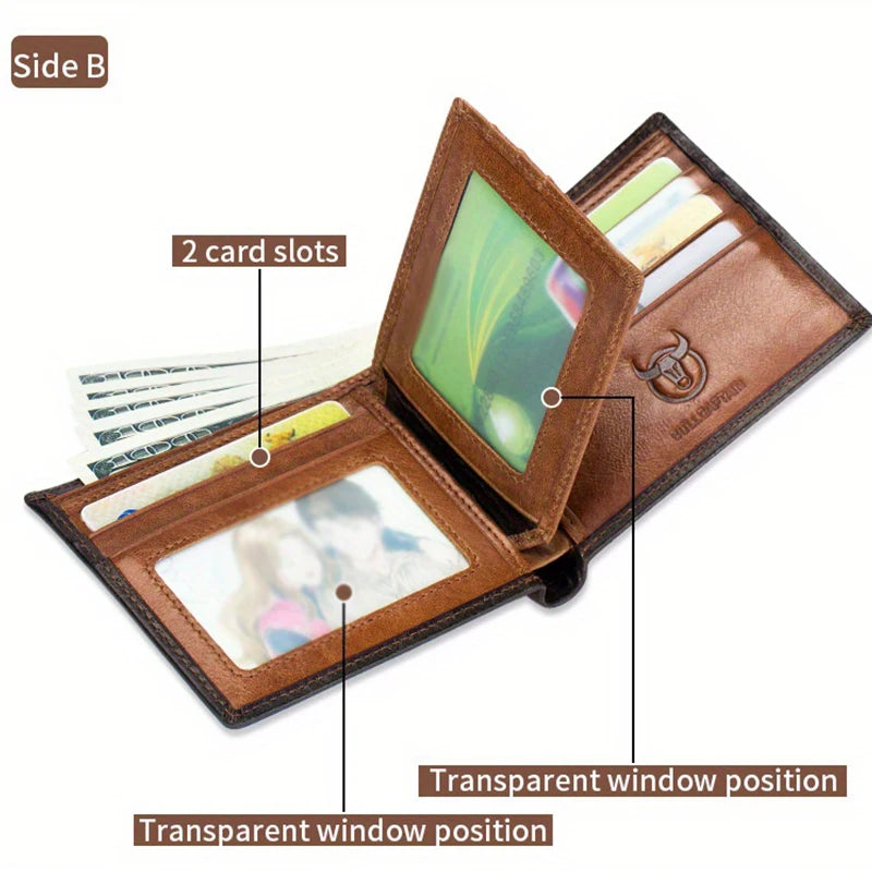 Men's Genuine Leather Bi-Fold Wallet — High-Capacity Business Card Holder