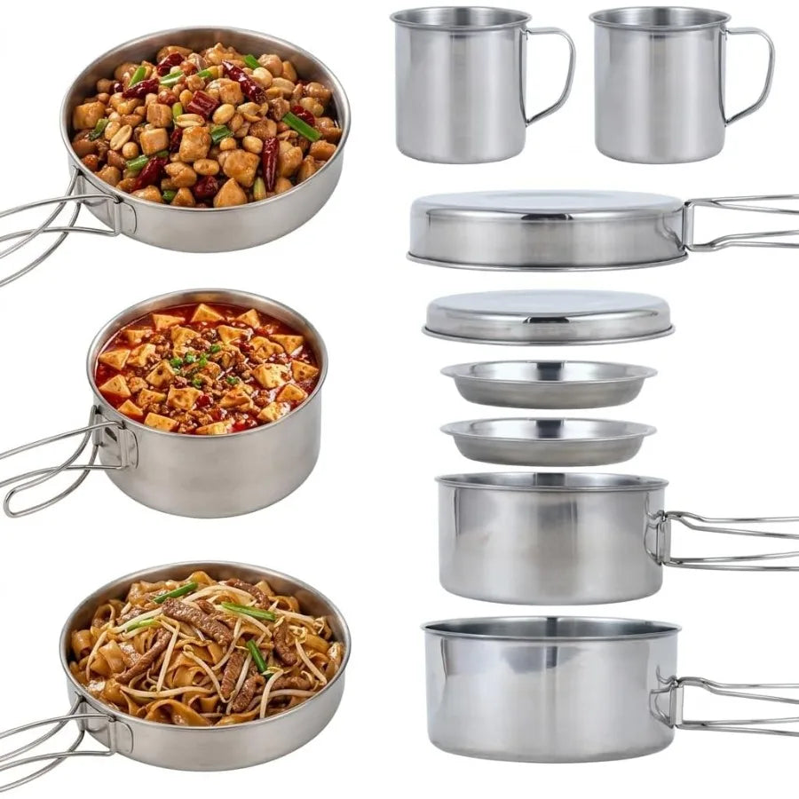 8-Piece Stainless Steel Camping Cookware Set — Portable Foldable Pot & Kettle